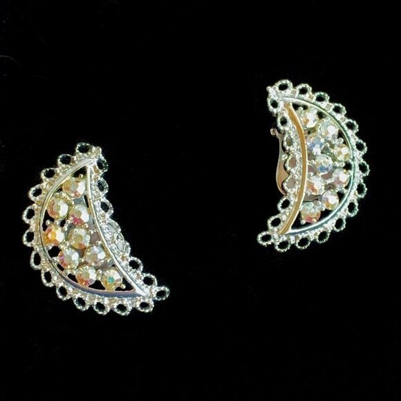 Emmons vintage ab rhinestone filagree leaf earrings and  matching pin set mint - Picture 3 of 16